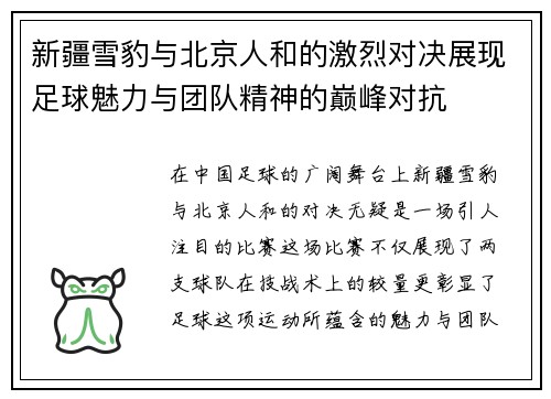 新疆雪豹与北京人和的激烈对决展现足球魅力与团队精神的巅峰对抗
