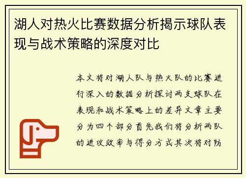 湖人对热火比赛数据分析揭示球队表现与战术策略的深度对比